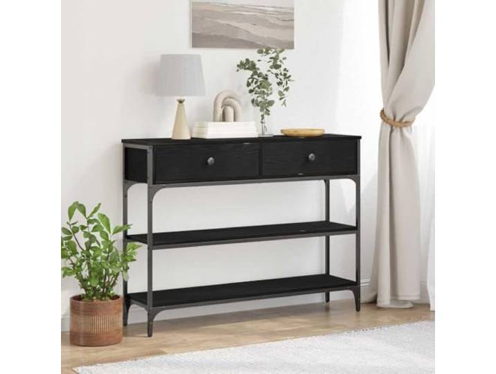TEKGHUT Konsolentisch Schwarz Eichen-Optik 100x25x75 cm Holzwerkstoff Stahl Industrie-Design, Holzwerkstoff und Stahl, 2 Schubladen, Regale, verstellbare Füße, für Flur und Wohnzimmer