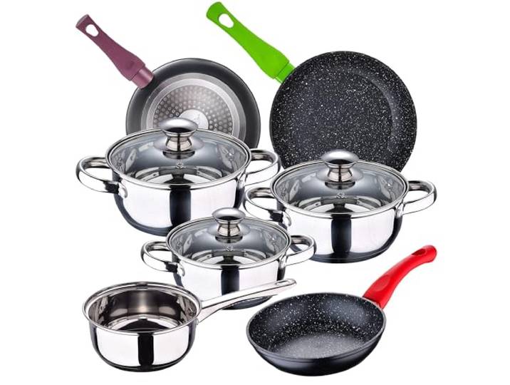 7-teiliges Kochgeschirr-Set SAN IGNACIO Faro aus Edelstahl mit Pfannen-Set (18/22/26 cm) SAN IGNACIO Jolie aus geschmiedetem Aluminium