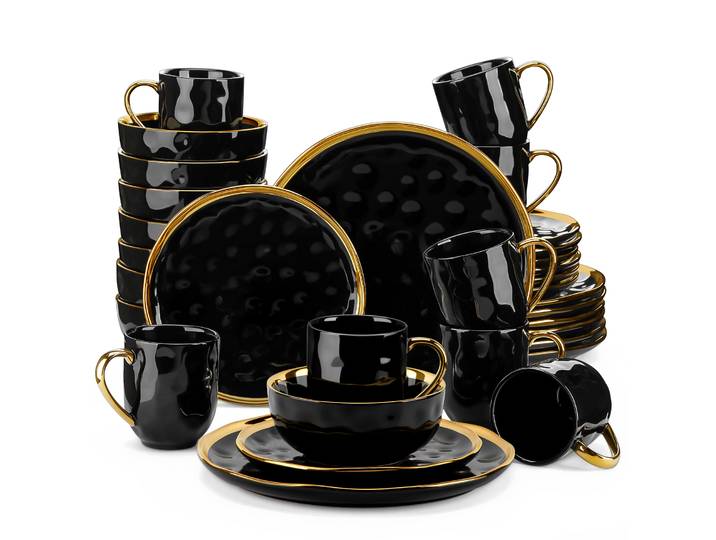 LOVECASA .co.jp Service de vaisselle en porcelaine noire, assiette en céramique avec garniture dorée, queplate, dessert, tasse, bol, ensemble de britware, 16/32 pièces