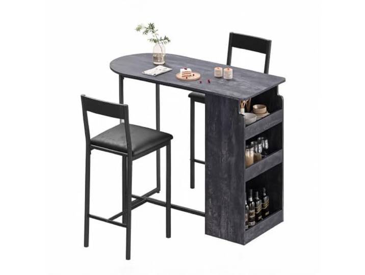 Thaookte Platzsparende 3-TLG. Bartischgruppe für 2 Personen – Hoher Küchentisch/Frühstückstisch mit 3-stufigem Ablageregal & 2 Barhocker, Farbe: Stone Grey