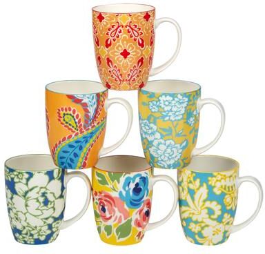 Certified International Damask Floral Assorted Designs 14 oz. Mugs, Set of 6