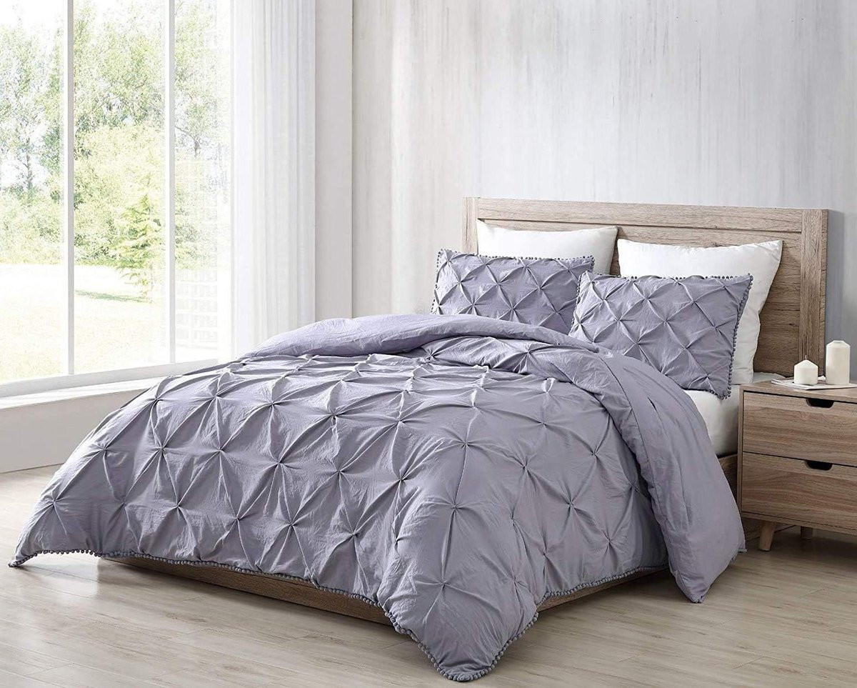 3-delige dekbedovertrek set met pompons en plooien in paars voor queen size bedden