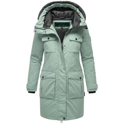 Winterjacke NAVAHOO "Eissturm 14", Damen, Gr. M (38), blau (rauchtürkis), Material: 100% Polyester, gerade hüftbedeckend, weit gerader Abschluss, Jacken Winterjacke, Wasserabweisende Jacke mit Kapuze
