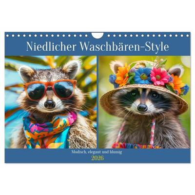 Niedlicher Waschbären-Style. Modisch, elegant und blumig (Wandkalender 2026 DIN A4 quer), CALVENDO Monatskalender