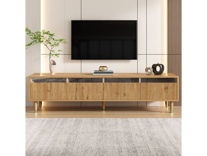 PINGGO Meuble TV moderne en bois 178x35x45cm avec 4 tiroirs, design minimaliste, grand rangement, stable, élégant et polyvalent