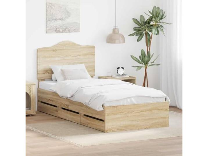 RJPLMFV Bettrahmen Sonoma-Eiche, 100 x 200 cm, Holz Mit Aufbewahrungsschubladen, festen Lamellen, glatter Oberfläche, pflegeleicht
