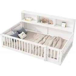 STILVORA Tagesbett 90x200 cm aus Kiefernholz mit Lattenrost und Staufach, Weiß – stabiles Kinderbett mit Ablageflächen