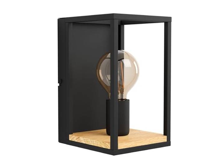 Eglo Applique murale intérieure Libertad\, luminaire d’intérieur en métal noir et bois naturel\, lampe de salon avec interrupteur\, douille E27