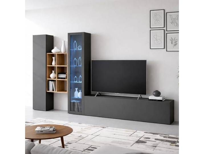 Dmora - Ausgestattete Wand Eugenio, 3-türiges TV-Ständer-Wohnzimmerset, Mehrzweck-Wohnzimmermöbel mit Vitrine und LED-Licht, 100% Made in Italy, 320 x 30 x 180 cm, Anthrazit,