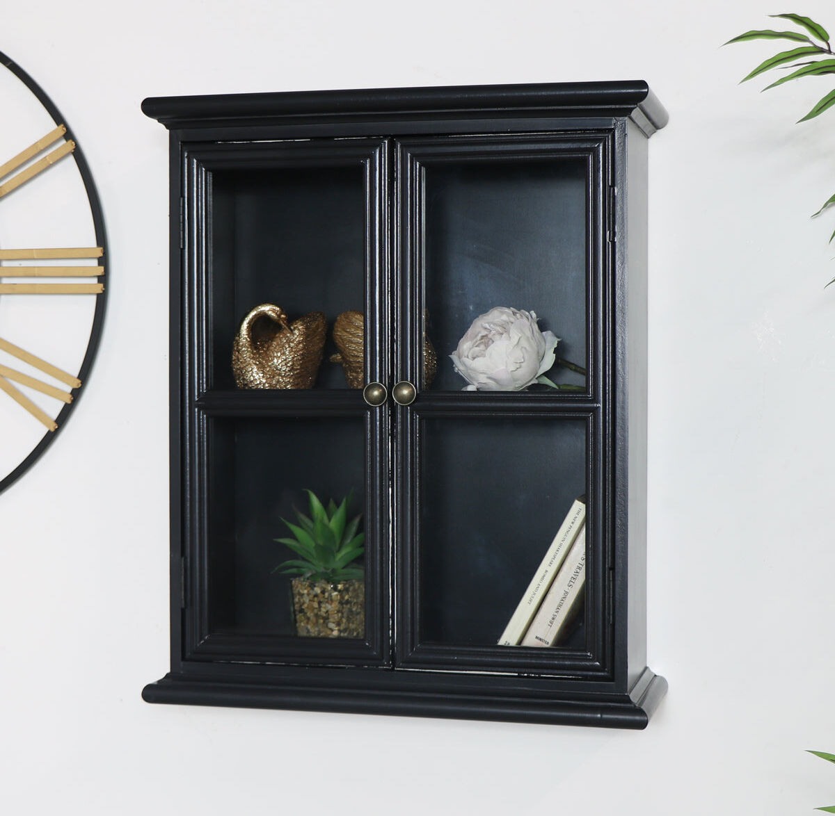 Rustic Black Glass Wall Cabinet Wood, Glass, Metal
