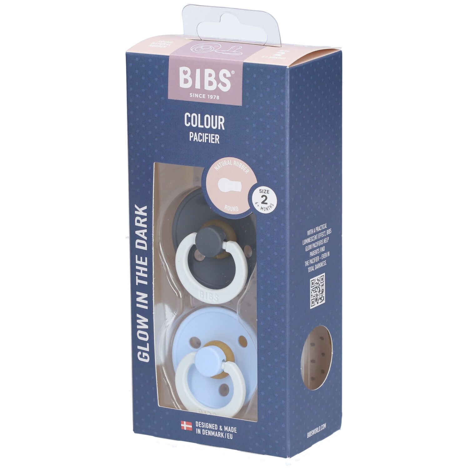 Bibs Fopspeen Glowdark Iron/Baby Blue Duo 6-18 2 St Sauger