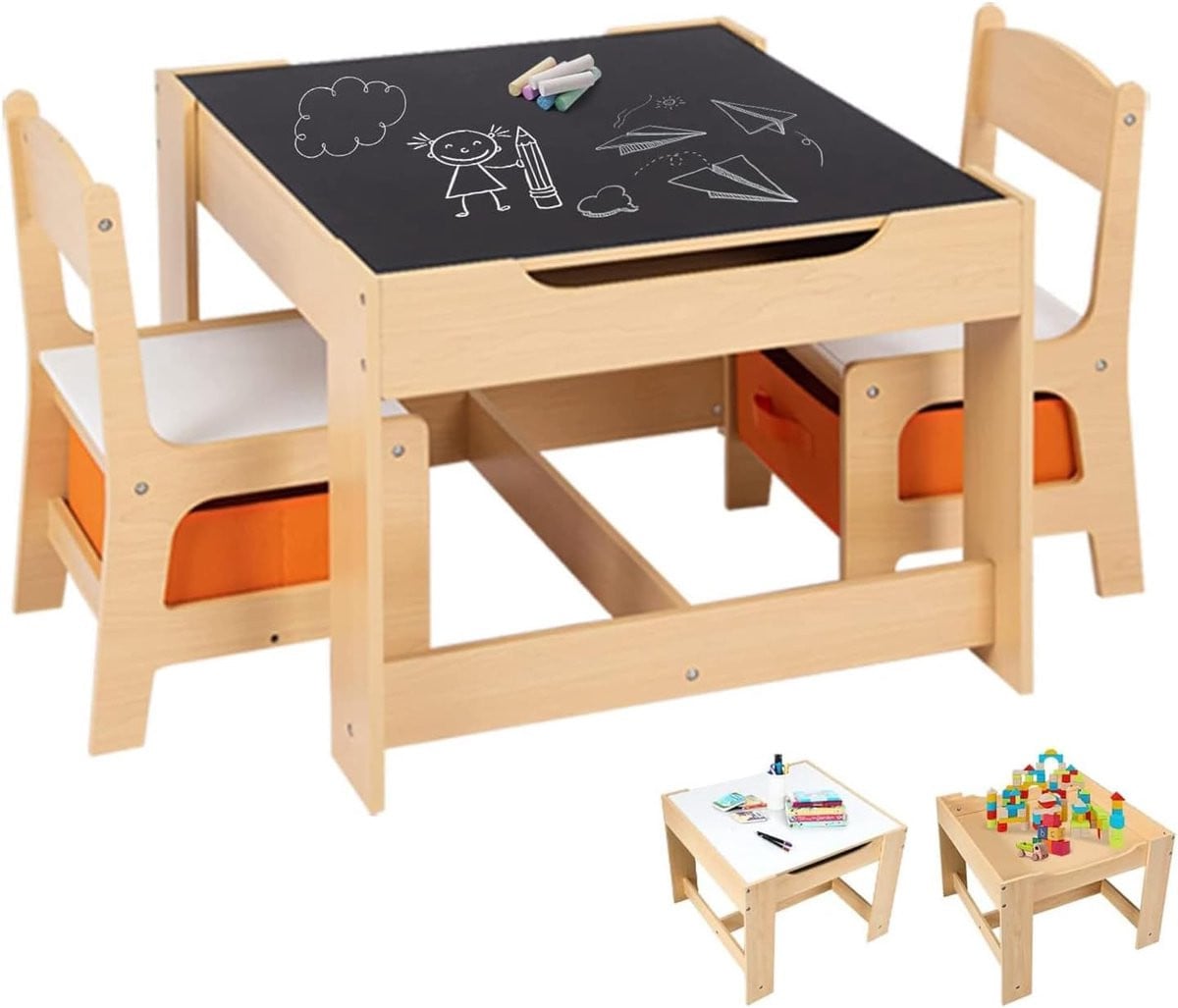 COSTWAY 3-delige kindertafelset met 2 stoelen van hout, 3-in-1 schildertafel en activiteitstafel voor peuters van 3 tot 7 jaar, natuur