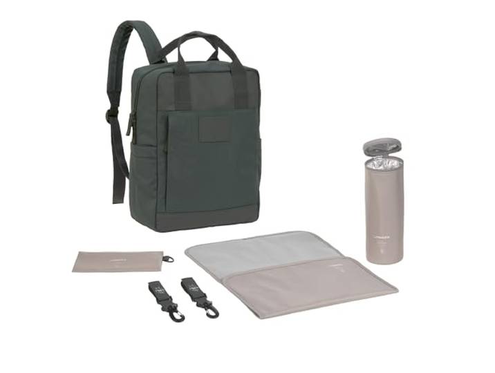LÄSSIG Baby Wickelrucksack Wickeltasche Rucksack mit Wickelunterlage, Kinderwagenbefestigung, Flaschenhalter produziert/GRE Vividal Backpack dark olive