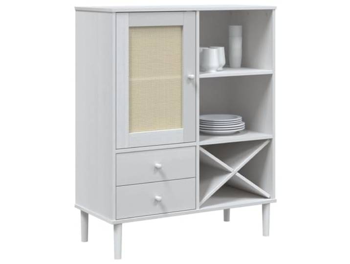 KTHLBRH Sideboard Senja weiß 90 x 40 x 112 cm Massivholz Kiefer 2 Schubladen, Türen aus Polyrattan, UV-Lack, Holzgriffe, Montage erforderlich