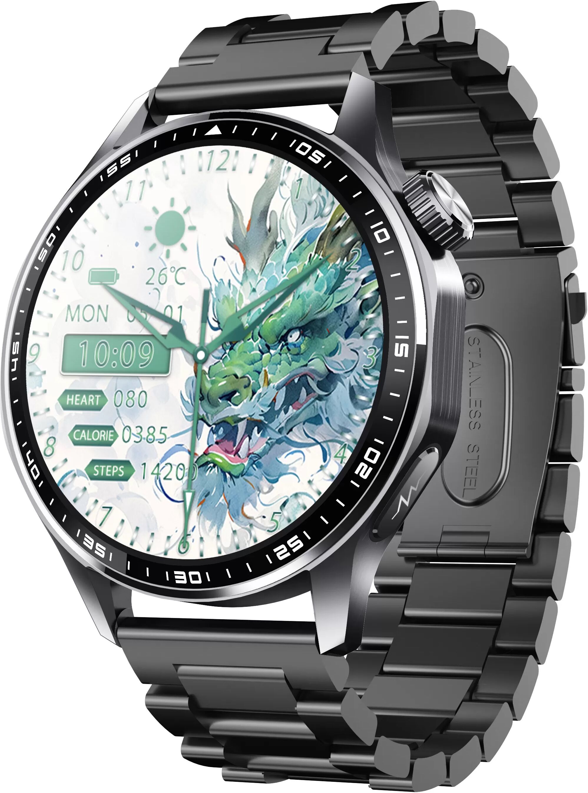 INF Smartwatch mit EKG, Herzfrequenzmesser, Blutdruckmessgerät und Schrittzähler Schwarzes Armband mit drei Perlen