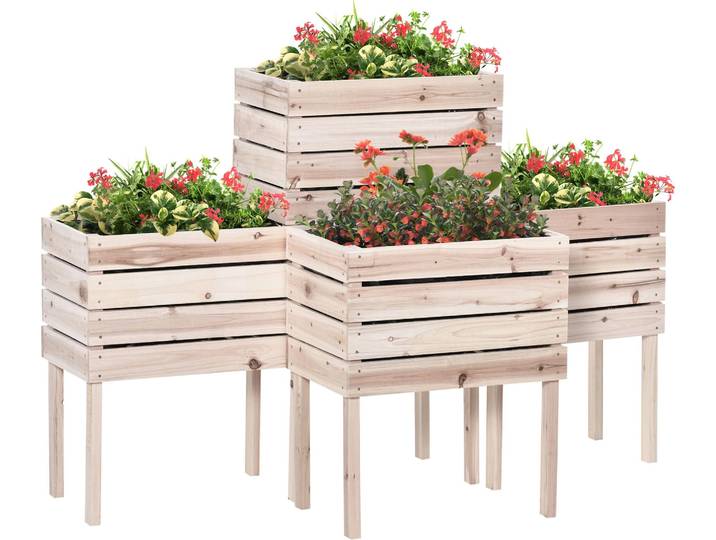 Outsunny Jardinières sur Pieds carrés potagers - Lot de 4 jardinières sur Pied modulables - dim. 50L x 30l x 60H cm - Inserts d'irrigation Film Protecteur - Bois Sapin Naturel