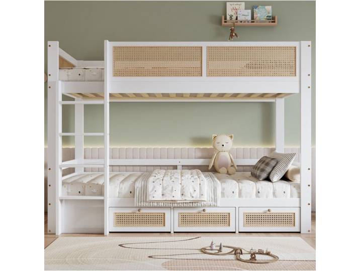 MEULVA Lit superposé enfant 90 x 200 cm avec 3 tiroirs sur roulettes échelle 4 marches blanc et naturel