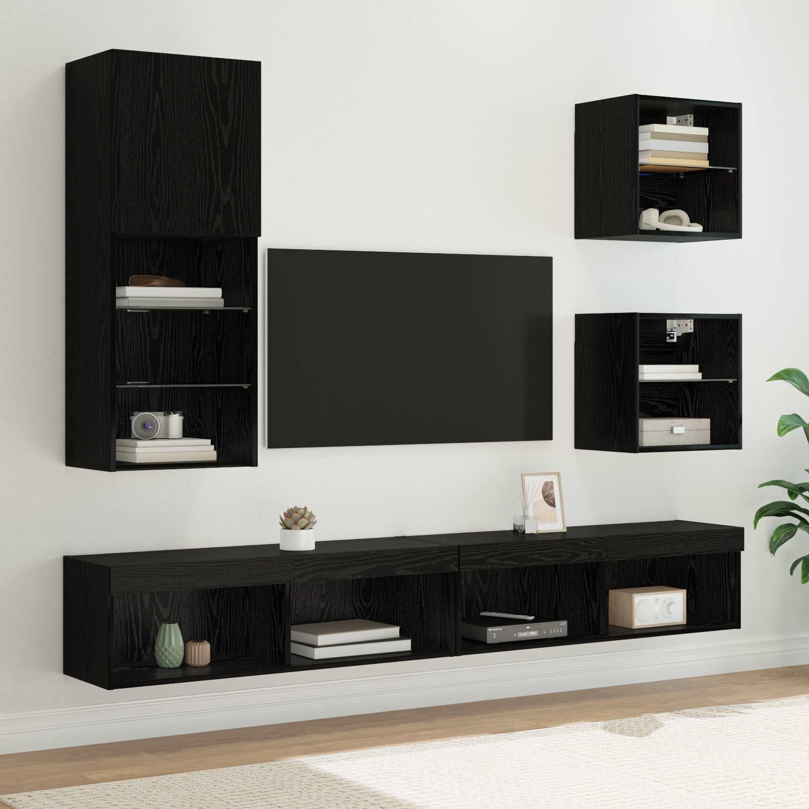 vidaXL Set van 5 TV-wandmeubels met LED-verlichting, zwart met eikenhoutlook