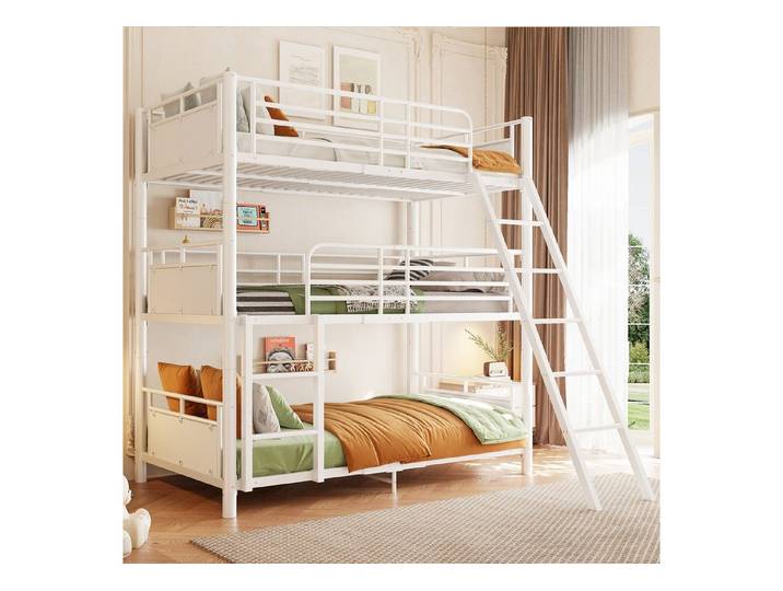 Flieks Etagenbett, Metall Kinderbett Dreierbett 90x200cm abnehmbares Design mit Leiter