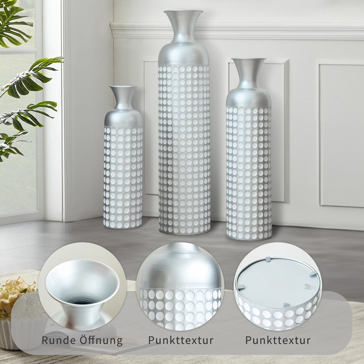 COVREO Vaas 3-delige set met puntpatroon, zilver metaal, Hoogte: 84 cm