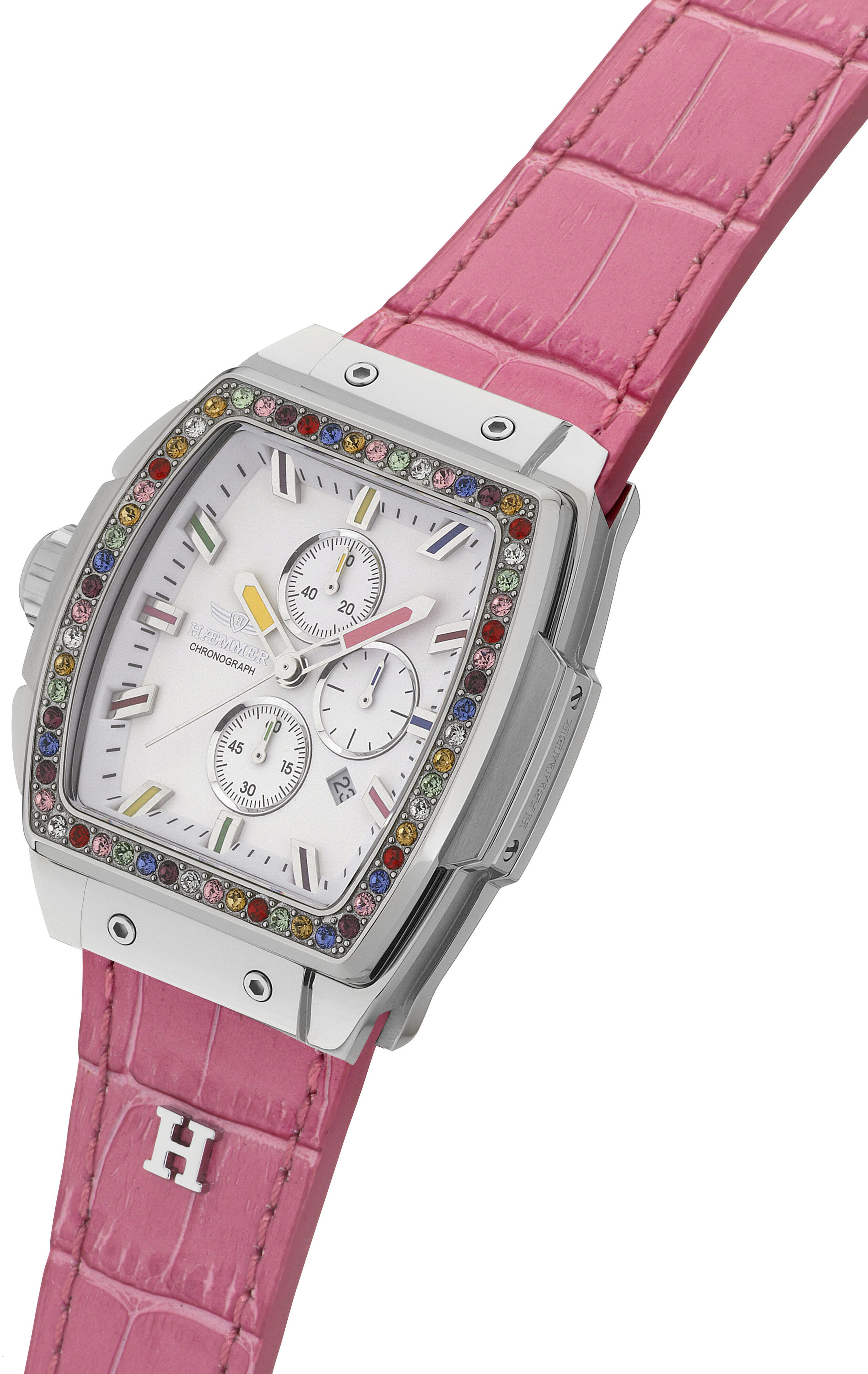 Chronograph HAEMMER GERMANY "TONNEAU", rosa (pink, weiß), Armbanduhren, Damen, edelstahlfarben, Chronograph, Quarzuhr, Armbanduhr,Damenuhr,Lederarmband,digital,Datum,Stoppfunktion