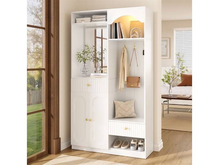 Vestiaire Garderobe d'Entrée avec Miroir et Banc - 100x35x180 cm - Meuble Chaussures Éléments Portemanteau LED - Blanc