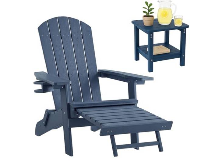 Ogarden Adirondack Loungesessel Arizona, Mit Fußschemel, Getränkehalter, Hips Kunststoff, Holz-Optik - für Balkon, Terrasse, Rasen, Kamin (Blau mit Beistelltisch)