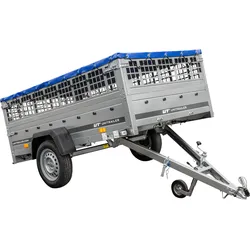 PKW-Anhänger 230x125 UNITRAILER GARDEN 230 KIPP mit Gitterbordwänden und blauer Plane