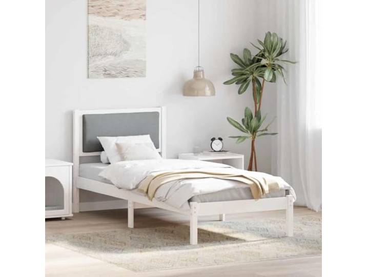 Massives Kiefernholz Modernes Design Bettgestell Hellgrau 80 x 200 cm Bettrahmen Hellgrau 80x200 cm Massives Kiefernholz Einzelbett mit Lattenrost und Polsterkopfteil, Stabiles Holzgestell in