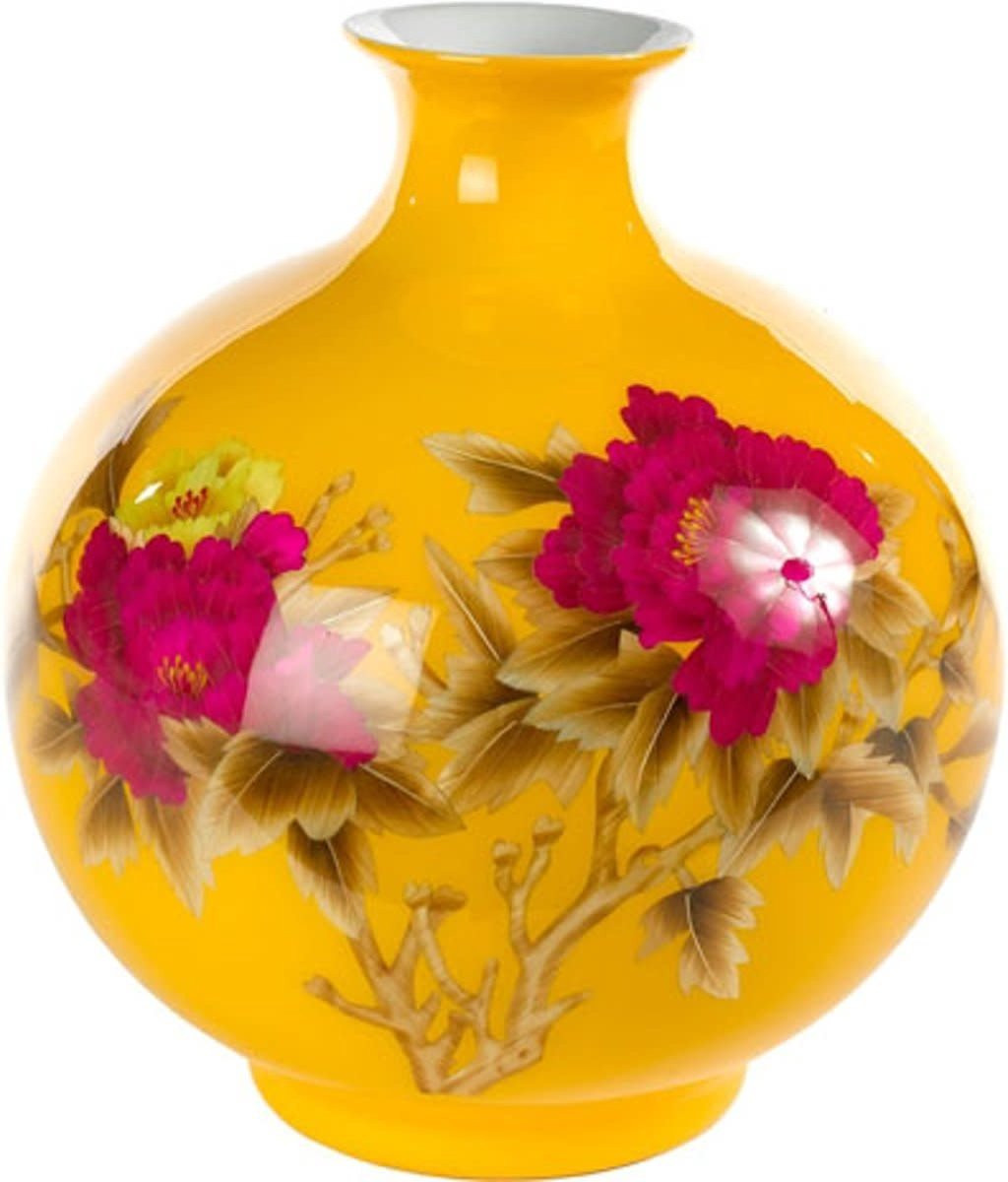 Fine Asianliving Handgemaakte Porseleinen Chinese Vaas met Pioenrozen in Geel, Hoogte: 29,5 cm