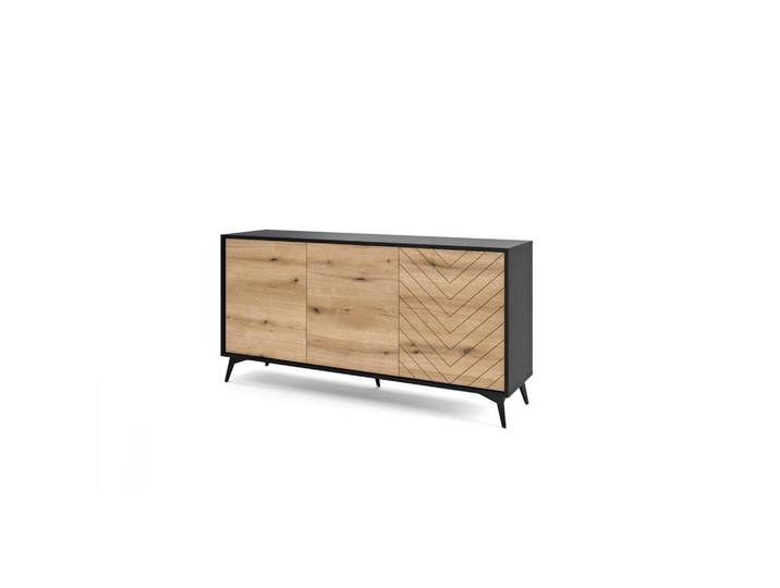 Ravio Kommode Diamond K3D (Eiche Evoke, Schwarz, Fischgrätmuster, Metallfüße, Push to Open), Eichefarben, Schwarz, Rechteckig, 154x77x39 cm, Kleinmöbel, Kommoden, Sideboards