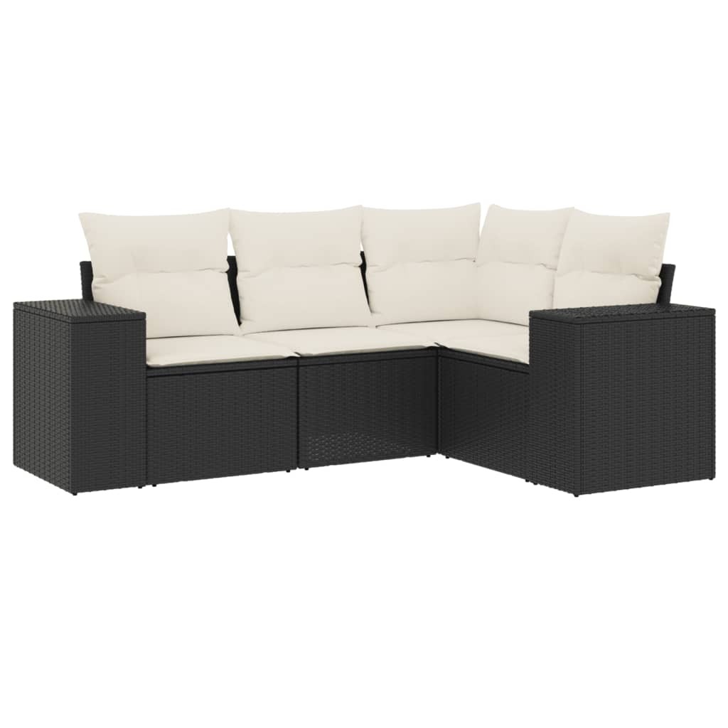 4-tlg. Garten-Sofagarnitur, modular, für Terrasse & Innenhof, aus schwarzem PE-Rattan, UV-beständig, mit cremeweißen, waschbaren Kissen
