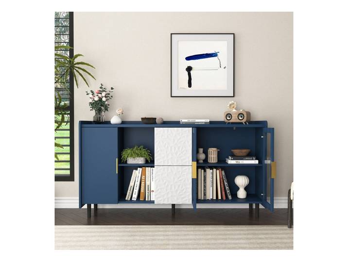 IDEASY Sideboard Kaffeebar-Schrank 140cm Grün mit 2 Schubladen & Glas