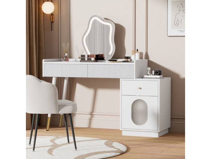 Coiffeuse - COIFFUSE BLANC 100x75x40 cm - Miroir LED tactile - 3 tiroirs et 1 porte - Panneau E1 pieds métal