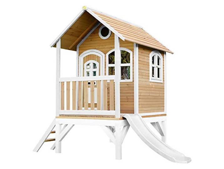 AXI Tom Spielhaus aus Holz in Braun & Weiß mit Weißer Rutsche Kinderspielhaus, Stelzenhaus mit Veranda & Rutsche für Kinder, FSC Holz, Podesthöhe 58 cm