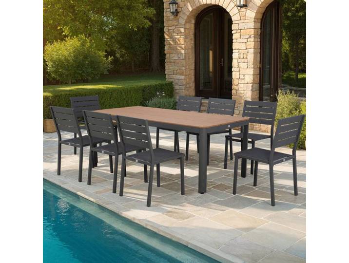 Ensemble table de jardin 200x90x75cm + 8 chaises gris- MIMIZAN