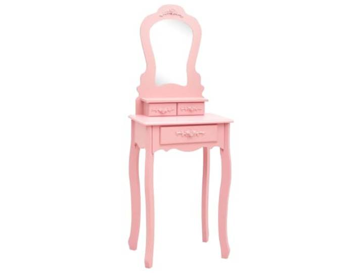 HNSMFPRE Paulownia Schminktisch mit Hocker, Rosa, 50 x 59 x 136 cm Gepolsterter Hocker ohne Rückenlehne, passender Holzsockel, drei Schubladen, eingelegter Spiegel, moderner Stil