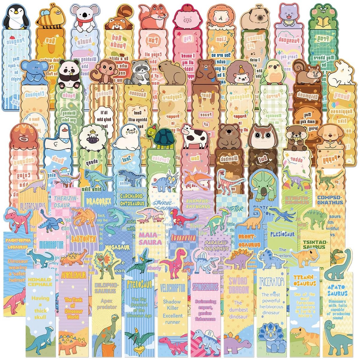Dailygoods Magnetische Bladwijzers 60 stuks - Dierenmotief en Dino's - Kleurrijke Kartonnen Boekenleggers