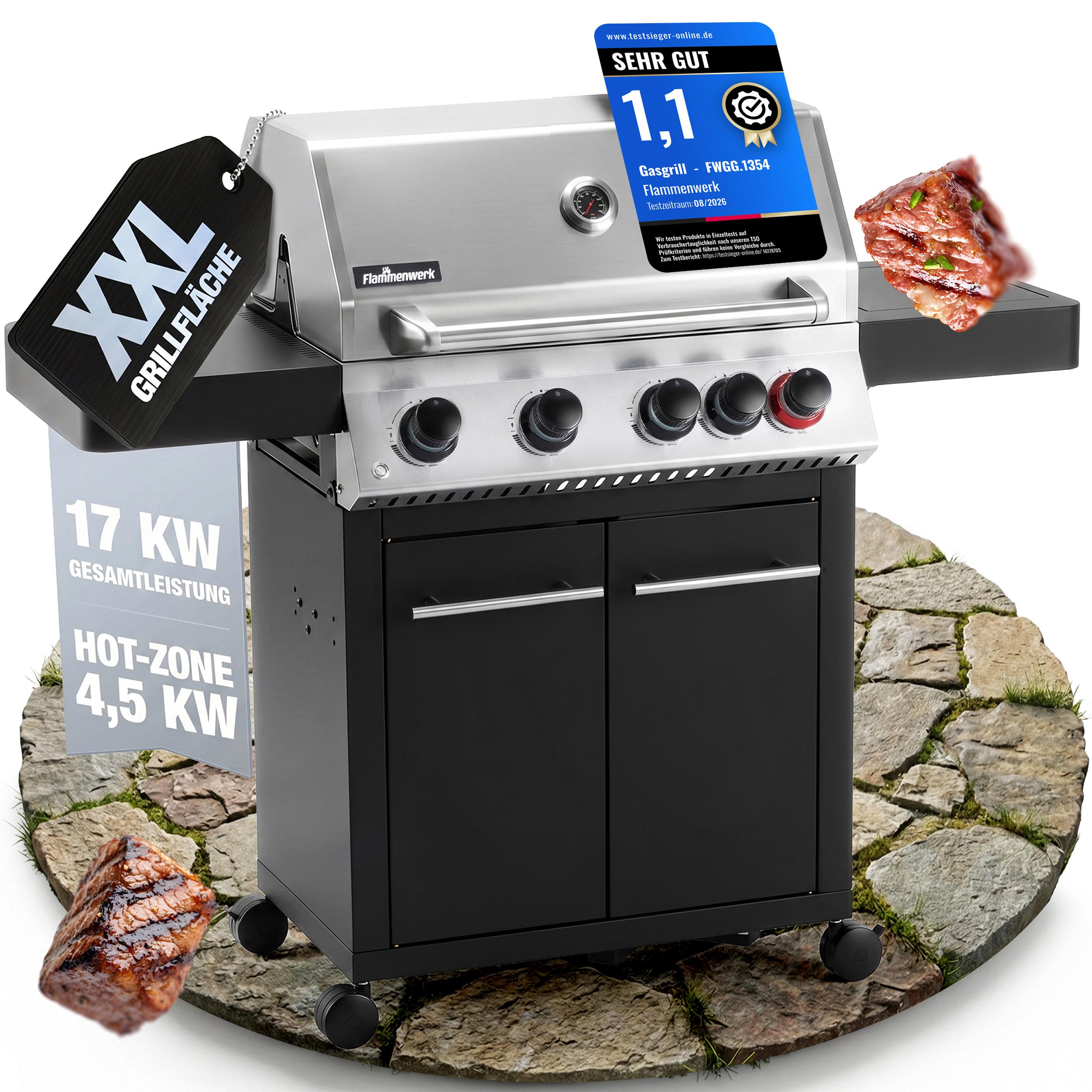 Gasgrill 4+1 Brenner - 17kW Gesamtleistung, LED-Beleuchtung & Seitenkochfeld