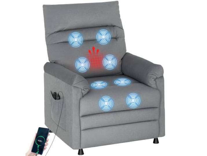 HOMCOM Relaxsessel Elektrisch Fernsehsessel mit Liegefunktion Heizung Grau TV-Sessel, Memory-Funktion, Kratzfeste Samtoptik, Massagesessel mit 2 Fernbedienungen, USB-Anschluss, Leisem Motor