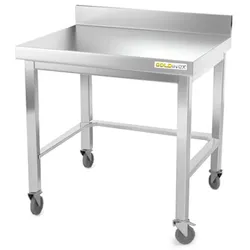 Arbeitstisch aus Edelstahl mit Unterbau 800 x 800 mm, angelehnt mit Verstärkung auf PREMIUM-Rollen. GOLDINOX
