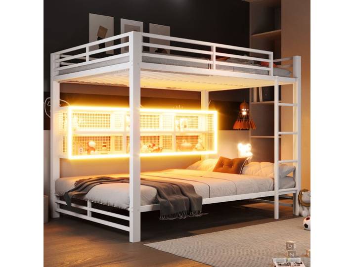 Lit superposé 140x200 avec placards de rangement et éclairage LED，Blanc