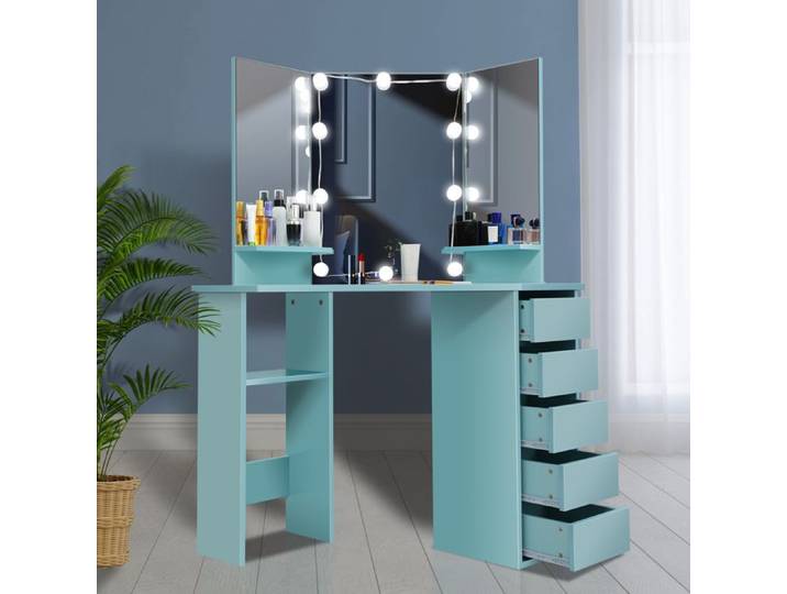 Coiffeuse d'Angle Bleue avec Miroir et LED - ELOKLEM - Coiffeuse Meuble 5 tiroirs et étagère-Bureau Coiffeuse Style Moderne