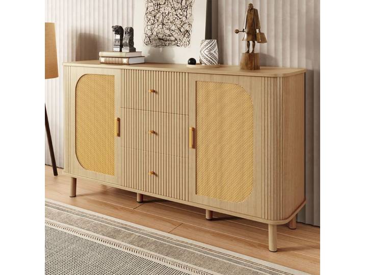 Buffet bas - ZEVKOR - 2 Portes et 3 Tiroirs - Beige effet bois - Pieds métalliques - 140x40x80 cm