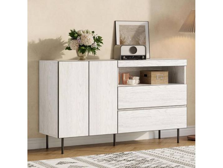 Buffet moderne 2 portes 2 tiroirs Buffet bahut Etagères ouvertes Buffet de salon 140x42x77 cm Meuble bas de rangement Blanc