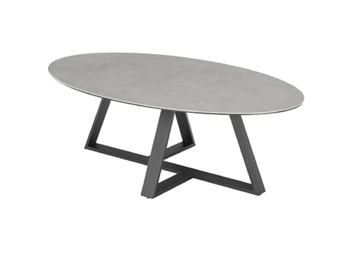 möbelando Couchtisch >ELBING< oval 120x38x70 cm mit Grauer Keramikplatte auf Sicherheitsglas und schwarzem Metallgestell matt rau – modernes Design und hohe Funktionalität