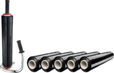 Sparset Handabroller für Stretchfolie + 6 Rollen Stretchfolie, Abroller für Rollen mit B 300-500 mm, Stretchfolie L 300 m x B 500 mm, PE, schwarz