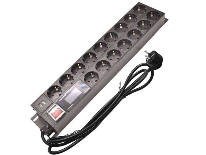 Unité de distribution d'énergie 2U 19 pouces, multiprise PDU, voltmètre, ampèremètre, compteur d'énergie, prise d'extension 16 voies, 2USB