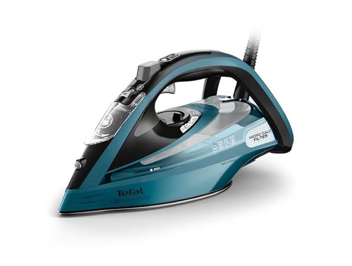 Tefal Ultimate Pure Dampfbügeleisen, 3200 Watt, kraftvoller Dampf, 300 g/Min. extra Dampfstoß, AutoClean Bügelsohle, Micro Calc, Abschaltautomatik, Tropfstopp, Schwarz/Blau, FV9851E0