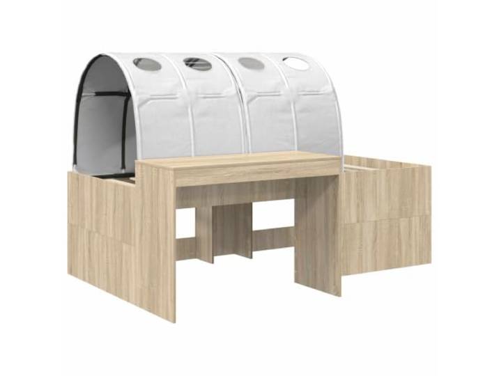 SKTQYQO Bett mit 3 Teilen Eiche und Weiß Technisches Holz, Details aus Mikrofaser, Lattenrost, modernes Design